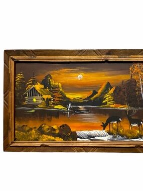 Vintage Landscape Art with Deer in Brown Frame, Orange Sunset Painting Rustic